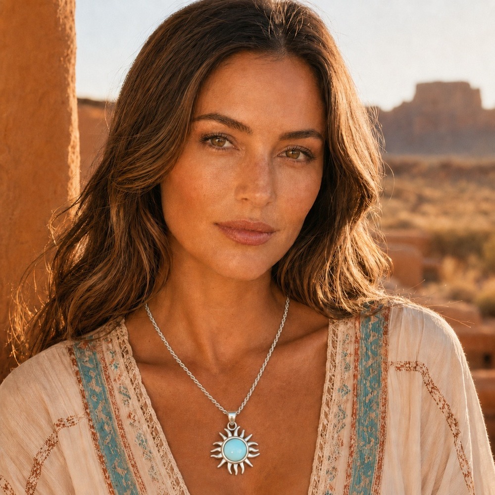 Mark Wasserman Samara 925 Turquoise Sunburst Pendant Rope Chain Necklace